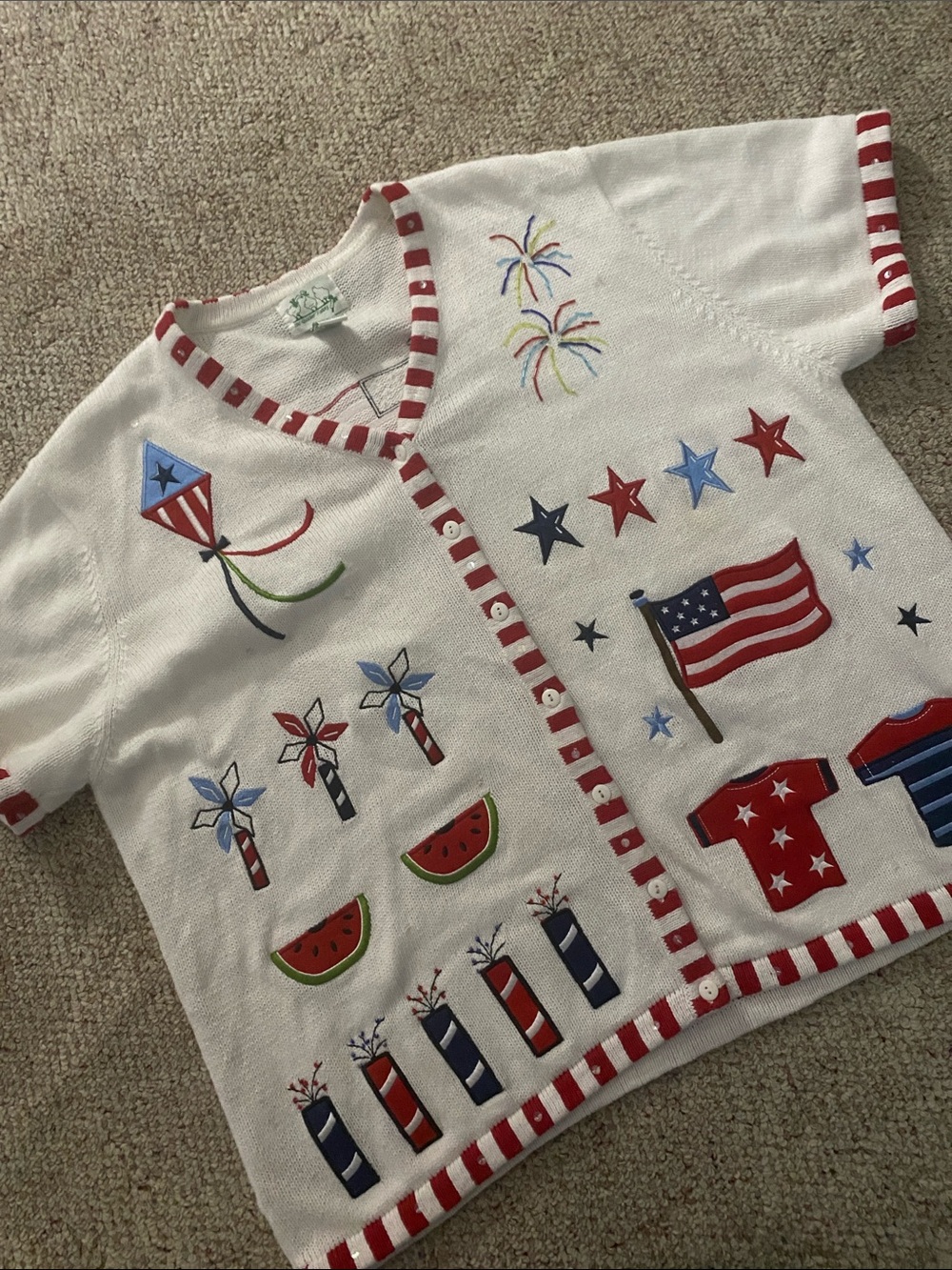 Quaker Factory USA Patriotic Button Cardigan with Red Trim